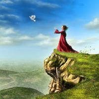 Pixwords Attēls ar putns, sieviete, klints, zaļš debess, lidot Andreus - Dreamstime